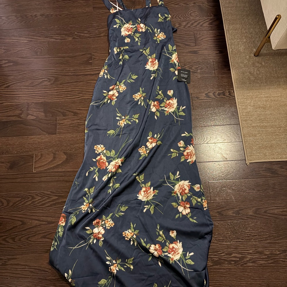 Lulus Large Navy Floral Lace-up Maxi Dress (NWT)